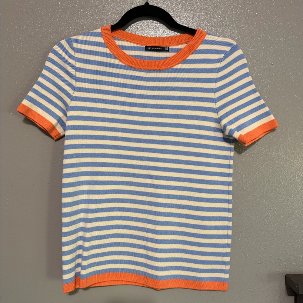 Staccato Blue and White Striped Short Sleeve Tee with Orange Trim